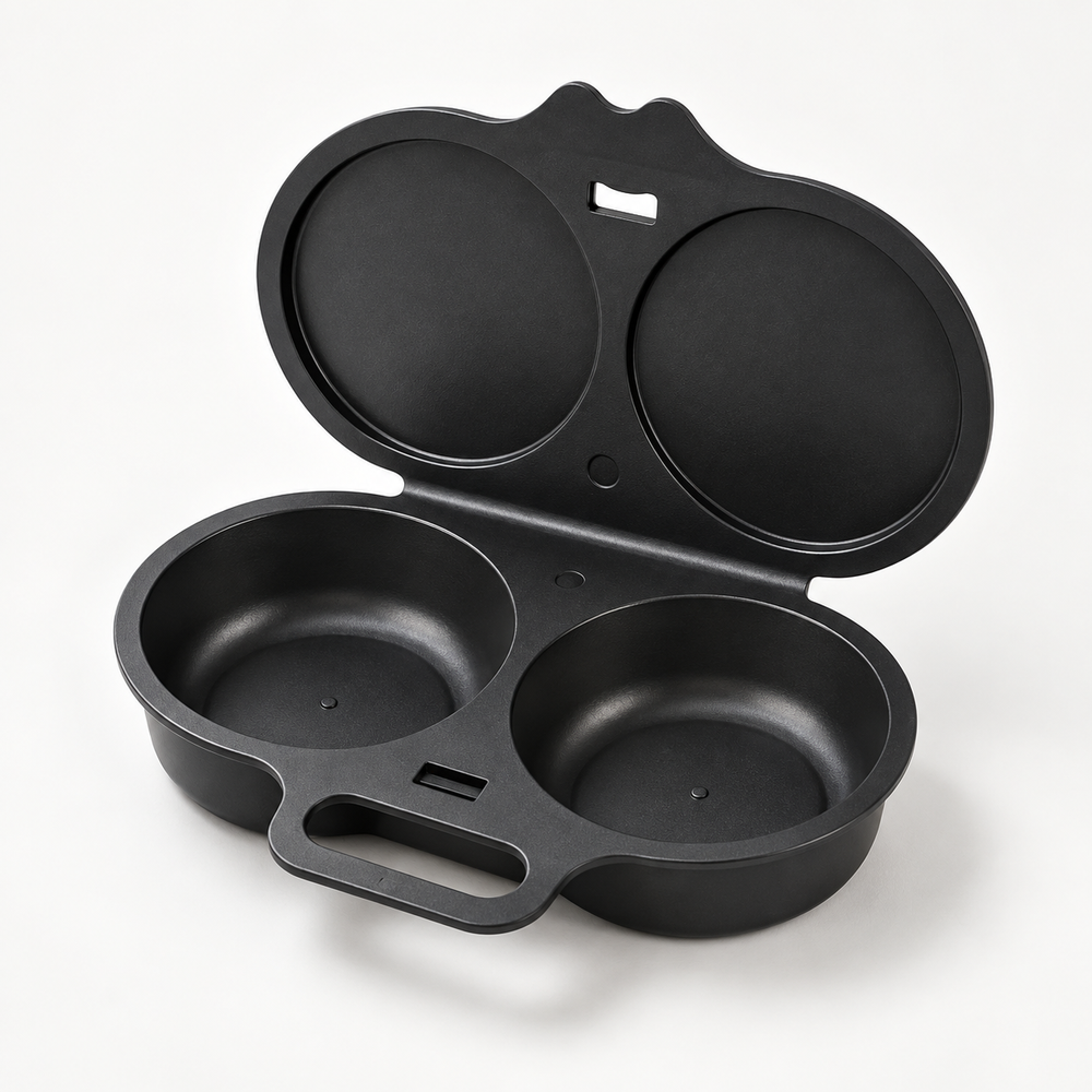 Healthzeri black dual-cavity microwave egg cooker with attached lid