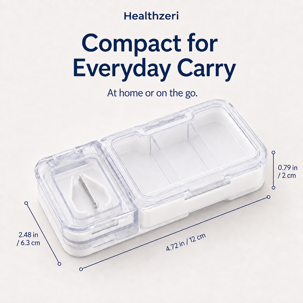 Compact white pill organizer: 4.72 by 2.48 by 0.79 inches, 12 by 6.3 by 2 cm
