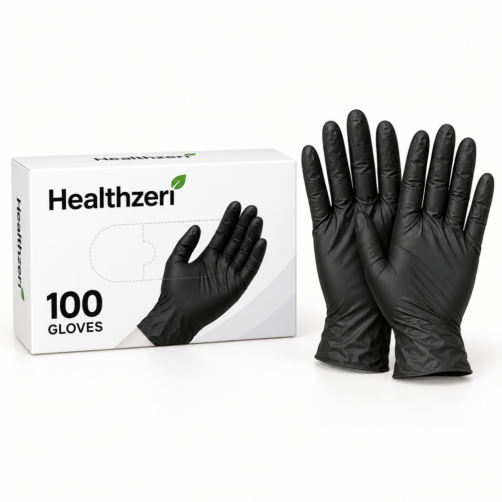 One Healthzeri box containing 100 black disposable cleaning gloves