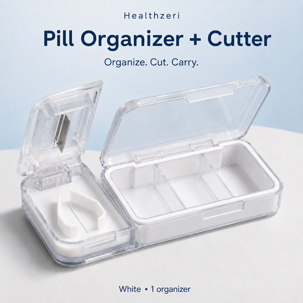 Healthzeri white pill organizer with built-in cutter and three storage compartments